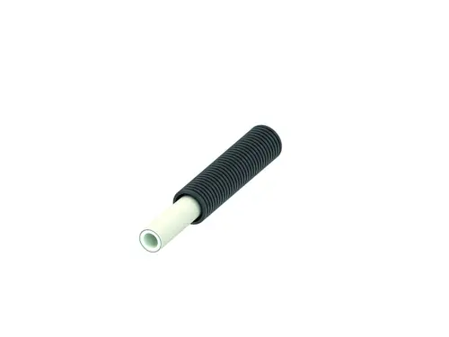 TECEflex Rohr mit Wellenschutz, bestehend aus mehreren Schichten, in Schwarz. Das Produkt zeigt eine runde, weiße Innenfläche und einen gewellten äußeren Schutz.